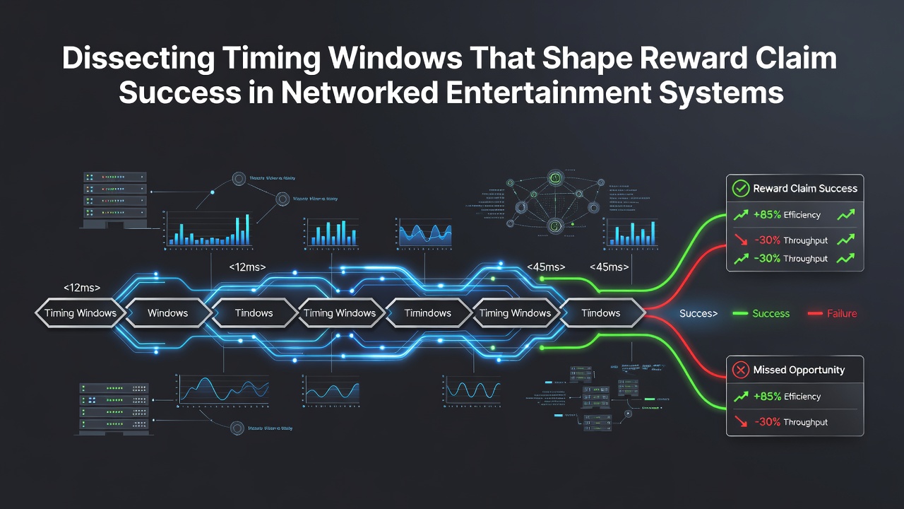 Networked entertainment system interface showing reward claim timing indicators and synchronization metrics
