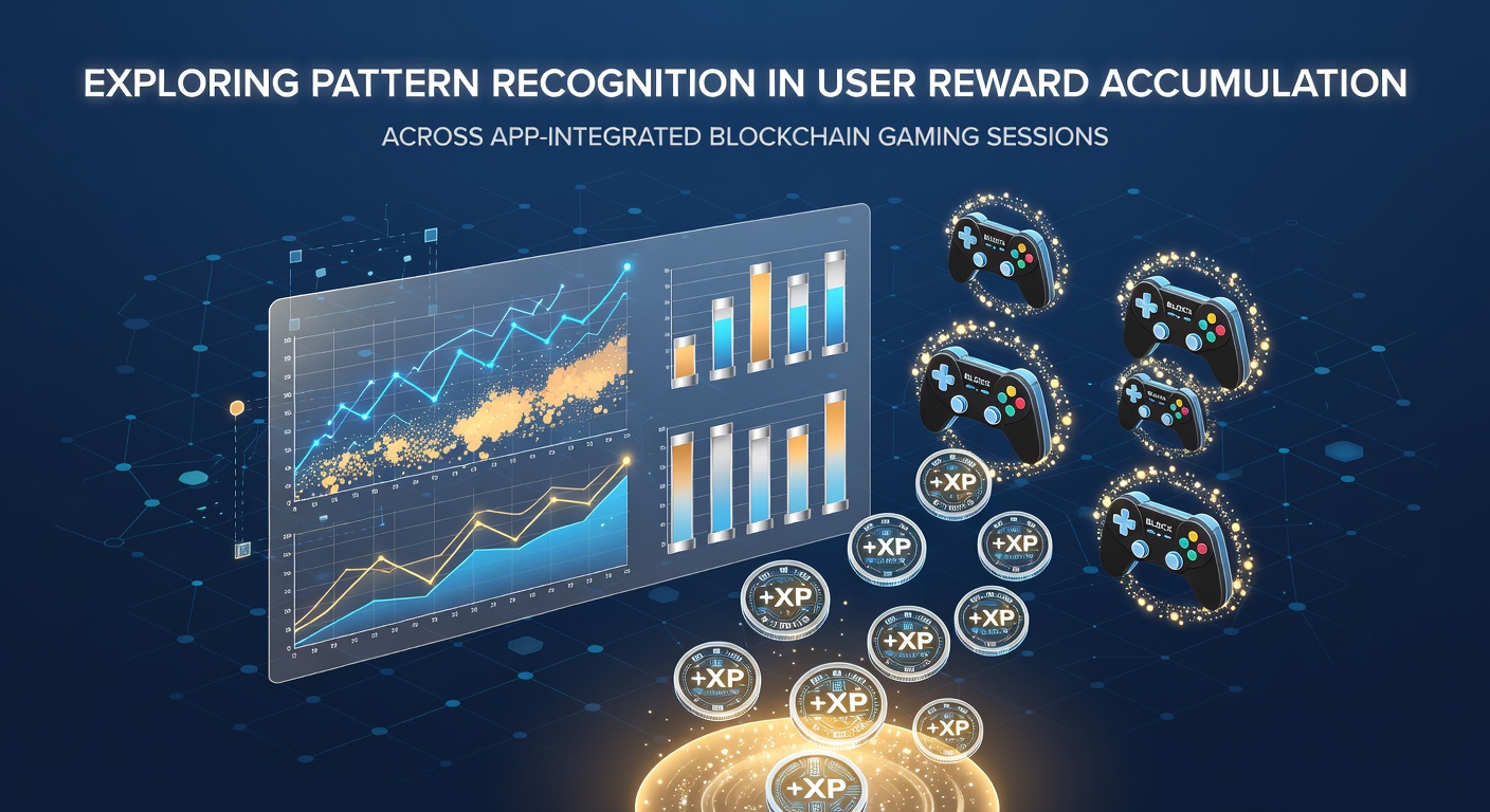 Blockchain gaming app interface showing reward accumulation patterns and user session data visualizations