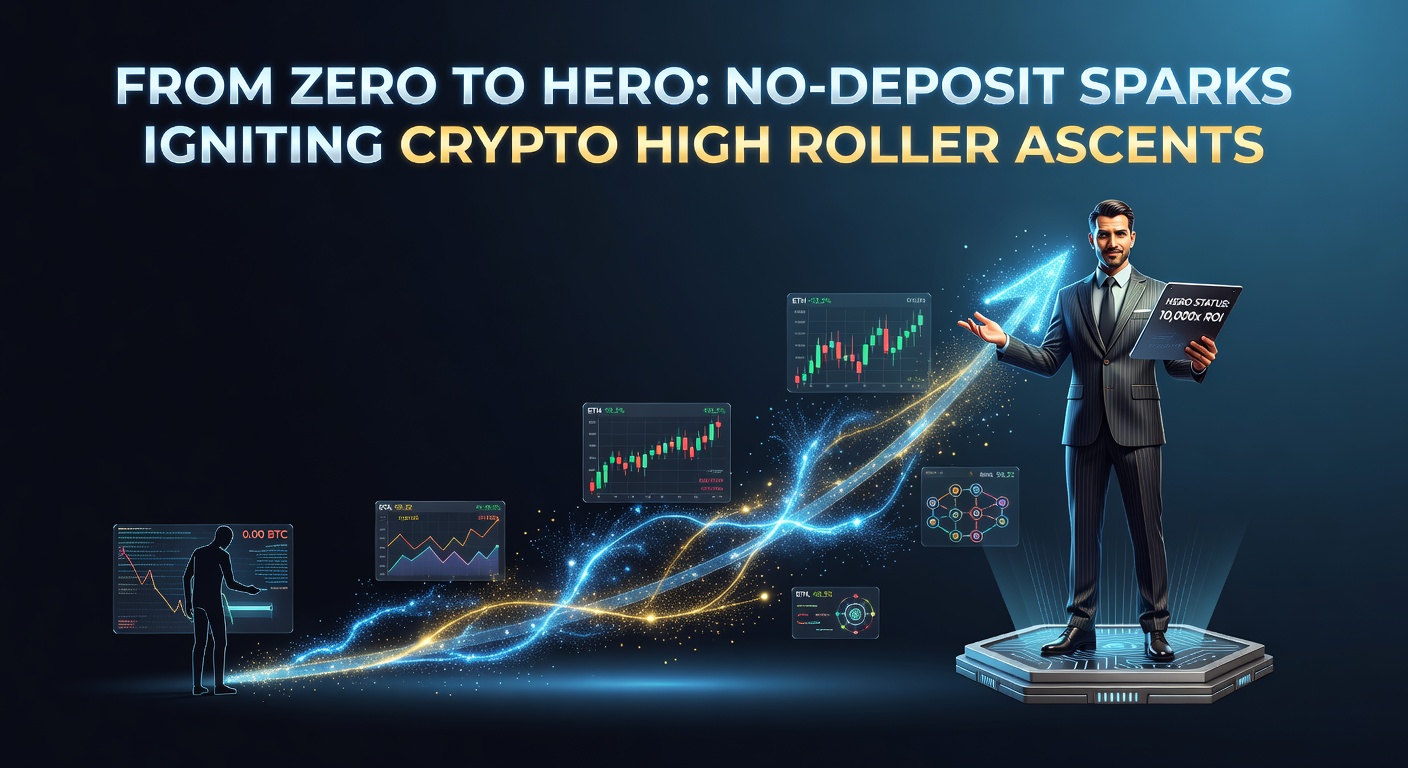 A digital spark igniting a rocket ascent in a crypto casino interface, symbolizing no-deposit bonuses launching players to high roller status