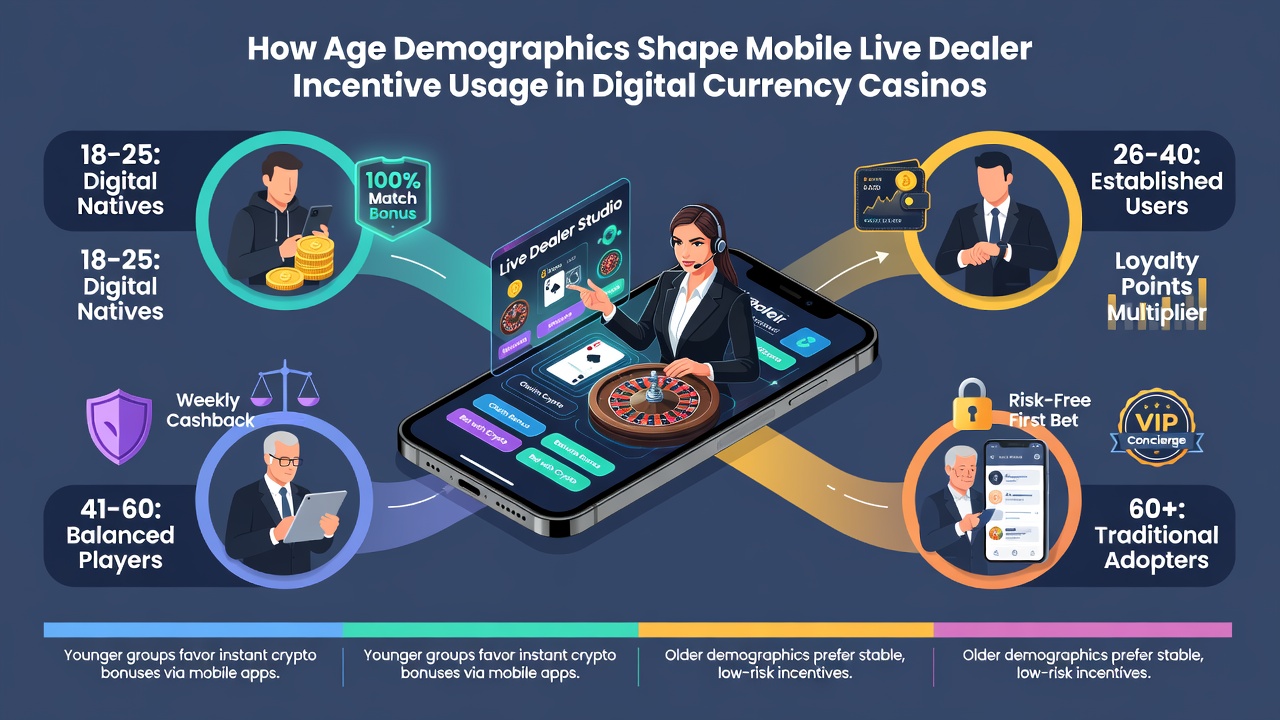 Diverse age groups interacting with live dealer tables on mobile cryptocurrency casino platforms