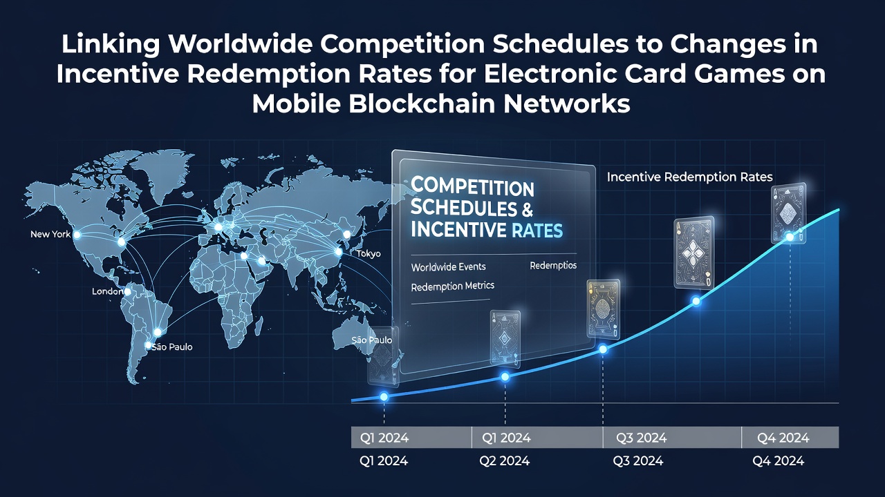 World map overlay showing competition timelines connected to mobile blockchain card game networks and redemption data flows