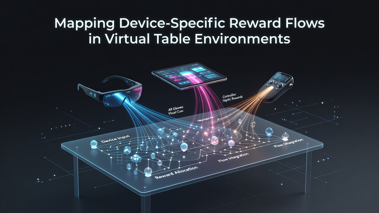 Visualization of device-specific reward flow mapping across mobile, tablet, and desktop interfaces in virtual table gaming environments