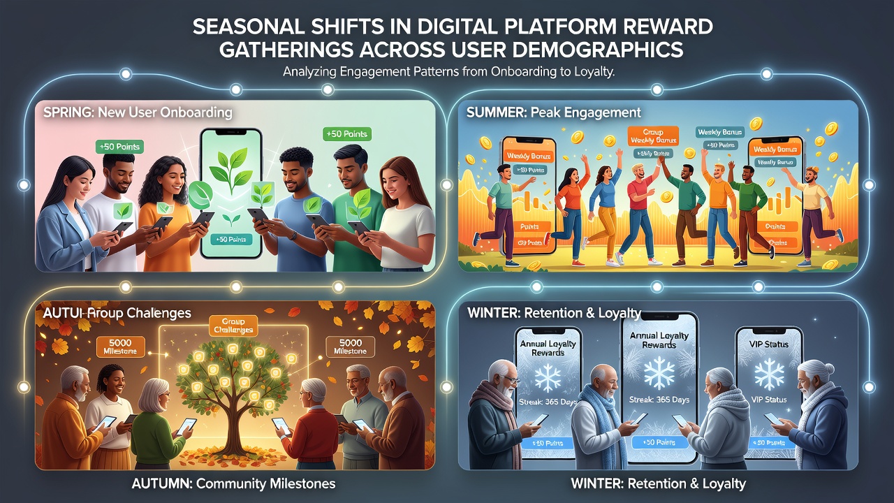 Graph showing seasonal variations in digital reward collections by age groups and regions