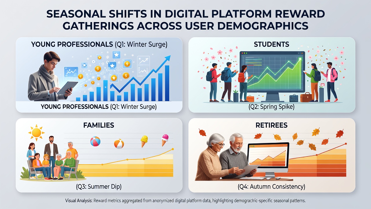 Infographic displaying demographic breakdowns of reward redemptions on digital platforms during different seasons